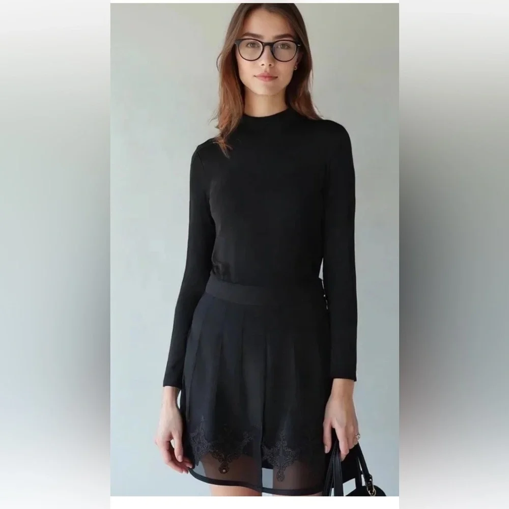 J Crew Factory Black Cotton Ribbed Mockneck Puff Sleeve Top Size XS